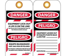 NMC SPLOTAG12 Danger Equipment Lock-Out A Life Is On The Line - Bilingual Tag