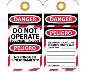 NMC SPLOTAG14 Danger Do Not Operate Equipment Tag-Out Bilingual Tag, Unrippable Vinyl, 6" x 3"