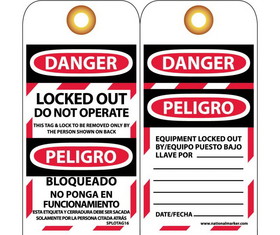 NMC SPLOTAG16 Danger Locked Out Do Not Operate Bilingual Tag, Unrippable Vinyl, 6" x 3"