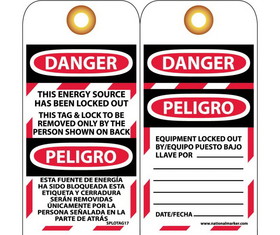 NMC SPLOTAG17 Danger Energy Source Has Been Locked Out Bilingual Tag, Unrippable Vinyl, 6" x 3"