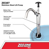 ZeeLine ZE387 - SS Lift Pump For 15-55 Gal. Drum with PTFE Seals