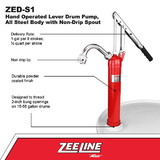 ZeeLine ZED-S1 - Hand Operated Lever Drum Pump, All Steel Body with Non-Drip Spout (1 Gallon Per 9 Strokes)