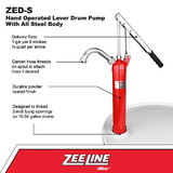 ZeeLine ZED-S - Hand Operated Lever Drum Pump with All Steel Body (1 Gallon Per 9 Strokes)