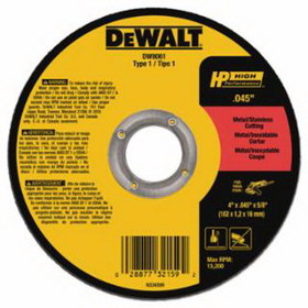 DeWalt DW8063 Type 1 Thin Metal Cutting Wheel, HP, 4-1/2 in dia x 0.045 in Thick x 7/8 in Arbor, 13,300 RPM