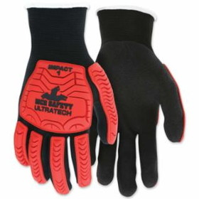 Mcr Safety  UT1950 UltraTech&#153; Impact Level 1 Mechanics Knit Gloves, Hi-Vis Red TPR, Black Coating/Shell