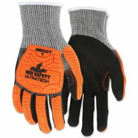 Mcr Safety  UT1952 UltraTech&#174; A4/Cut Level Mechanics Knit Gloves, Hi-Vis Orange TPR, Black Coating, Salt/Pepper Shell
