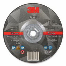 3M 051125-87447 Silver Depressed Center Grinding Wheel, Precision Shaped Ceramic, 6 In Dia, 5/8 In-11 Arbor, 36 Grit, Threaded Mounting