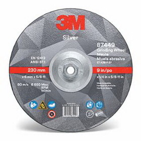 3M 051125-87449 Silver Depressed Center Grinding Wheel, 9-in x 1/4-in Thick, 5/8-in -11 Arbor, 36 Grit, Precision Shaped Ceramic, T27