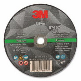 3M 051125-87657 Silver Cut-Off Wheel, Precision Shaped Ceramic, 4 In Dia, 0.375 In Arbor, 36 Grit, Center Hole Mounting