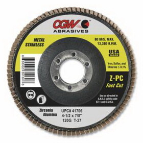 CGW Abrasives 41752 Z-Poly Cotton Flap Disc, 4-1/2 in dia, 40 Grit, 5/8 in - 11 Thread, Type 27