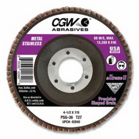 CGW Abrasives 42861 PSG eXtreme II Flap Disc, 4-1/2 in dia, 40 Grit, 7/8 arbor, 13300 RPM, Type 27