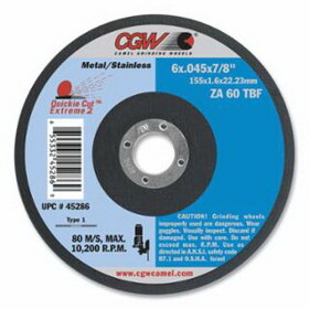 CGW Abrasives 45103 Quickie Cut&#153; Flat Cut-Off Wheel, 4-1/2 in dia, .045 in Thick, 7/8 in Arbor, 60 Grit, Type 27