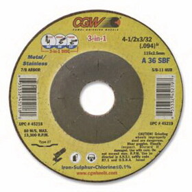 Cgw Abrasives 45219 3-In-1 Cut/Grind/Finish Wheel, 4-1/2 In Dia, 3/32 In Thick, 36 Grit, 13300 Rpm