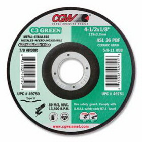 Cgw Abrasives 49750 C3 Green Grinding Wheel, Type 27, 4-1/2 In Dia, 1/8 In Thick, 36 Grit, 13300 Rpm