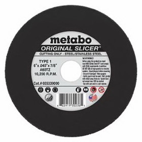 Metabo 655339000 Original Slicer&#174; Cutting Wheel, Type 1, 6 in dia, 0.040 in Thick, 60 Grit, Aluminum Oxide