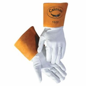 Caiman  1600 Goat Grain Leather/Cowhide Cuff Unlined Welding Gloves, White/Gold, Gauntlet Cuff