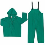 Mcr Safety  Two-Piece Rain Suit, Jacket w/Hood, Bib Pants, 0.42 mm PVC/Poly, Green