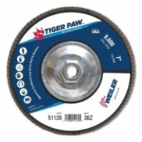Weiler 804-51139 7" Tiger Paw Abrasive Flap Disc- Flat-36Z- 5/8"-