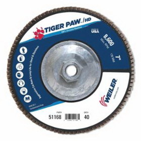 Weiler 804-51168 Tiger Paw Super High Density Flap Disc, 7 In, 40 Grit, 5/8 Arbor, 8,600 Rpm