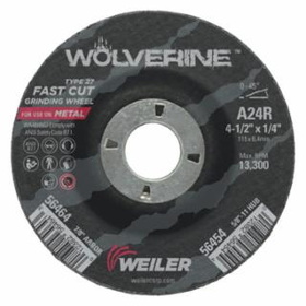 Weiler 56464 Wolverine&#153; Grinding Wheel, 4-1/2 in dia, 1/4 in Thick, 7/8 in Arbor, 24 Grit