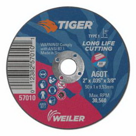 Weiler 804-57068 Tiger Aluminum Oxide Flat Type 1 Cutting Wheel, 3 In Dia X 1/8 In, 1/4 In Arbor, 36 Grit, T Hardness