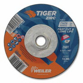 Weiler 58030 Tiger&#174; Zirc Cutting Wheel, 4-1/2 in dia, 0.045 in Thick, 5/8 in-11 UNC Arbor, Zirconia Alumina, Type 27, Z60T