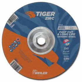 Weiler 804-58082 Tiger Zirc Grinding Wheels, Type 28, 9 In Dia., 1/4 In Thick, 24 Grit, Zirconium
