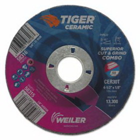 Weiler 804-58315 Tiger Ceramic Combo Wheels, 4.5 In Dia, 1/8 In Thick, 7/8 In Arbor, 24/Bx