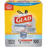 GLAD CLO70427 ForceFlex Tall Kitchen Drawstring Trash Bags, 13 gal, 0.72 mil, 23.75 in W x 24.88 in H, White, Odor Shield
