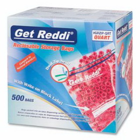 GET REDDI GRZIP-QRT Double Zipper Reclosable Bags, 7 in x 8 in, 1.75 mil, Quart