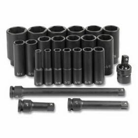 Grey Pneumatic 1324D Impact Socket Set, 1/2 in Drive, SAE, 6-point, 5/16 in to 1-1/2 in Socket Size, 24-Pc Deep Length