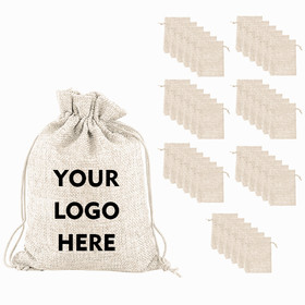 TOPTIE Custom 50 PCS Burlap Gift Wrap Bags with Logo, Print Drawstring Jewelry Pouches Christmas Party Favor Bags