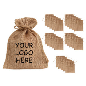 TOPTIE Custom 50 PCS Jute Drawstring Bags, Logo Printed on Natural Burlap Gift Bags Storage Bags
