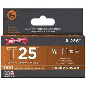 Arrow 256 T25 Round Crown Staples, 3/8"/10mm; 1,000 pk