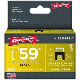 Arrow 591189BL Black T59 Insulated Staples for RG59 quad &amp; RG6, 5/16" x 5/16", 300 pk