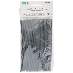 NTE Heat Shrink Tubing 2:1 Black Assorted Sizes 6" 24 Pcs.