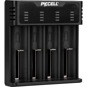 PKCELL USB Powered 4-Bay Battery Charger for Li-Ion NiMH & NiCad Batteries with USB-A 5 VDC 2A Output Port