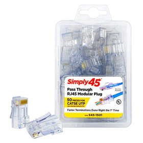 Simply45 S45-1501 Pass Through RJ45 Connectors Blue Tint for 24 AWG Cat5e/6 UTP - 50pc Clamshell