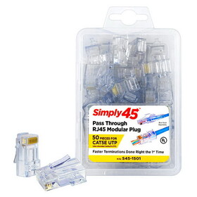 Simply45 S45-1501 Pass Through RJ45 Connectors Blue Tint for 24 AWG Cat5e/6 UTP - 50pc Clamshell