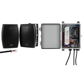 Parts Express 300-7352 2 x 30W Outdoor Bluetooth 5.0 Amplifier Kit with AC Cord, Speakers and 100 ft. Speaker Wire