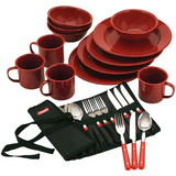 COLEMAN 2000016407 Dining Kit - 24 Piece Red Speckle Enamel & Cutlery