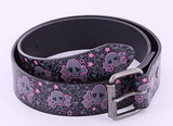 Painful Pleasures belt007-pink-greyskull Grey Skulls with Pink Outline on Genuine Black Leather Belt