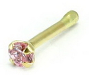 Painful Pleasures GNS088-bone-20g-2mm 20g 14kt Yellow Gold 2.0mm CZ-Pink Jewel Nose Bone Body Jewelry