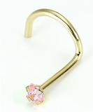 Painful Pleasures GNS089-screw-20g-2mm 20g 14kt Yellow Gold 2mm CZ-Pink Jewel Nose SCREW