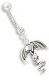 Painful Pleasures MN0873 14G 7/16" Round Jewel with Dragon Skull Dangle Belly Button Ring