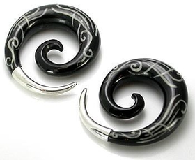 Elementals Organics ORG247-pair Spiral Black Horn Silver Tip Earrings - 4mm-12mm - Price Per 2