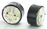 Elementals Organics ORG293 Barong Face Carved Bone Inlayed on Horn Organic Plug Body Jewelry 14mm - 24mm - Price per 1