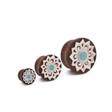 Elementals Organics ORG3048 Turquoise Inlaid Mother of Pearl Flower Sono Wood Plug - 10mm-30mm - Price Per 1