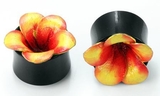 Elementals Organics ORG764 Horn Plug with Painted Pink/Yellow LEATHER FLOWER CAP Inlay Organic Plug 8mm-24mm - Price Per 1