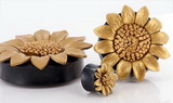 Elementals Organics ORG981 GOLDEN Sun Flower Painted Leather Double Flare Horn Plug 8mm - 50mm - Price Per 1